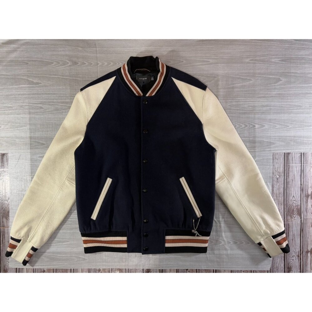 Coach Leather Wool Varsity Jacket size 50 US L color navy ivory